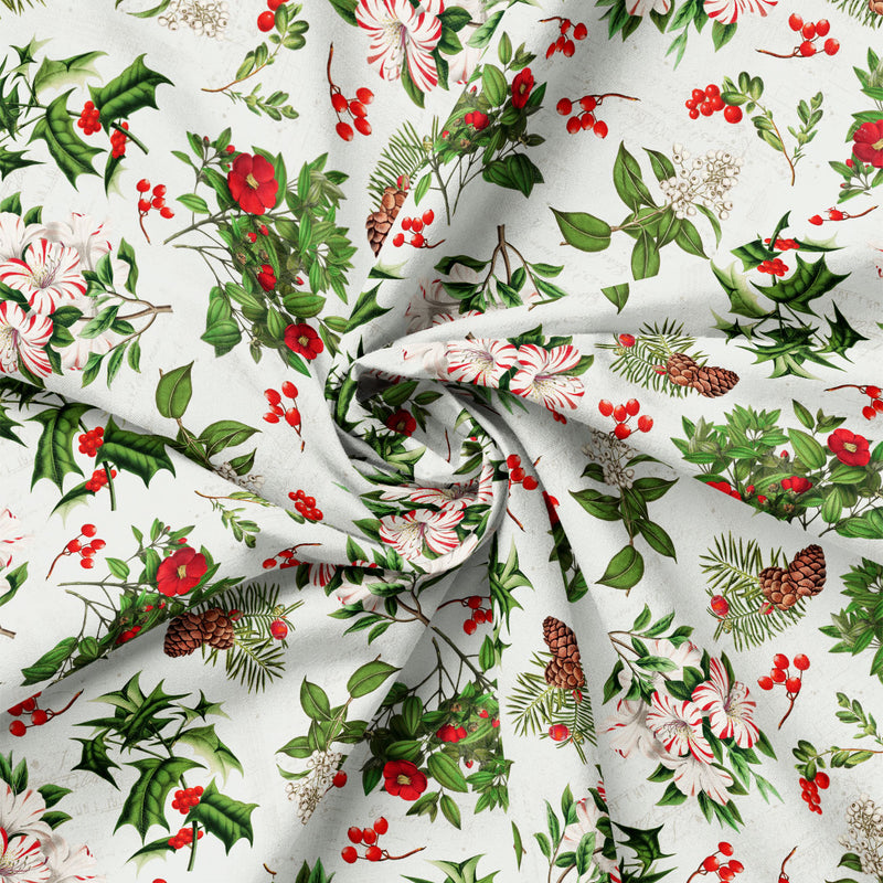 Detail view of Joy to the World Holiday Botanicals on Cream quilting cotton showing print scale and drape.
