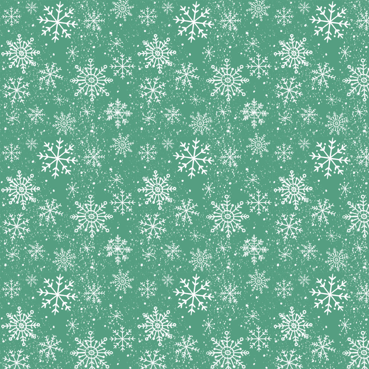 White snowflakes scattered on wintry green background