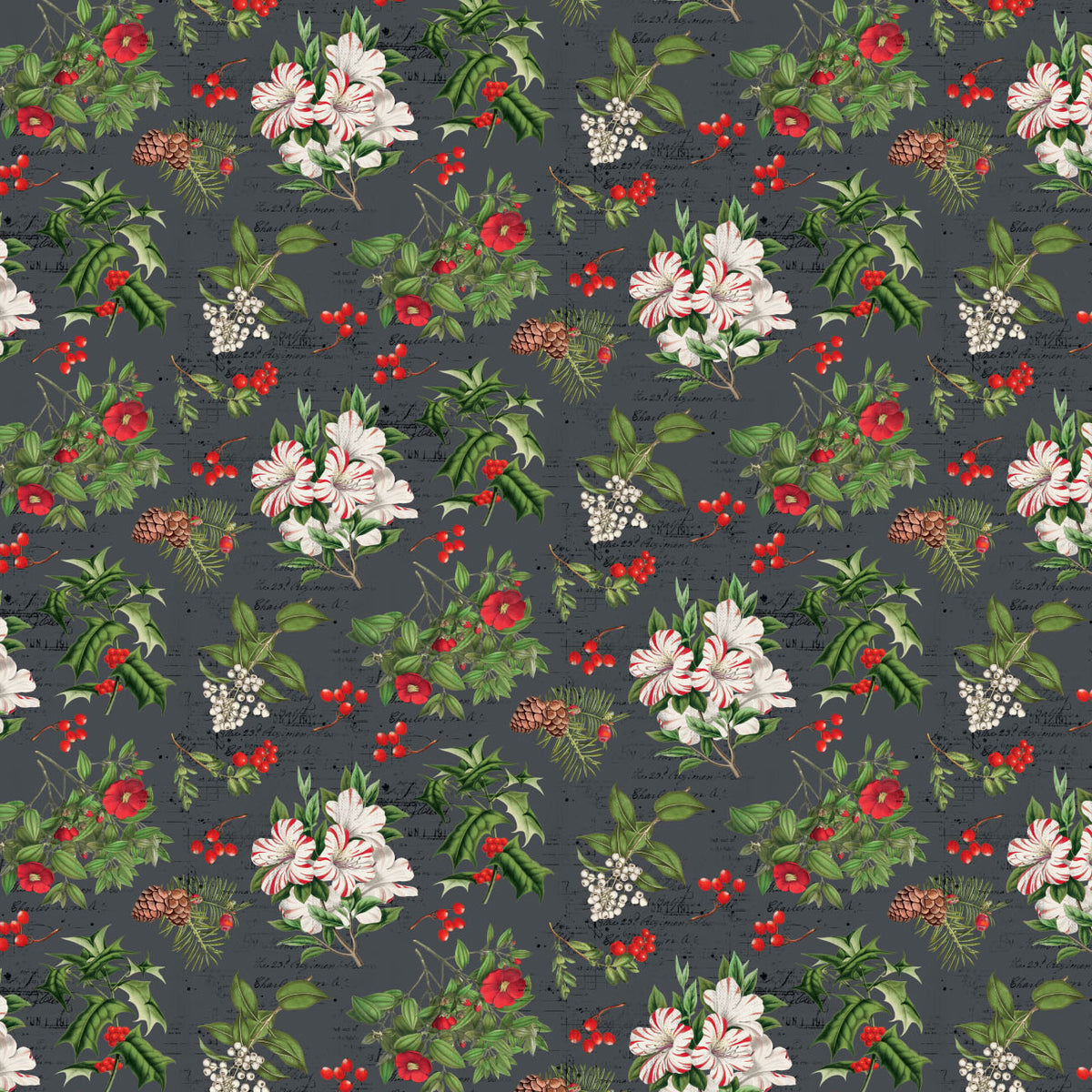 Joy to the World quilting cotton: Holiday Botanicals on Charcoal featuring a tossed mix of holly leaves, red berries, pinecones, evergreen sprigs, and candy-striped blossoms on a charcoal ground.