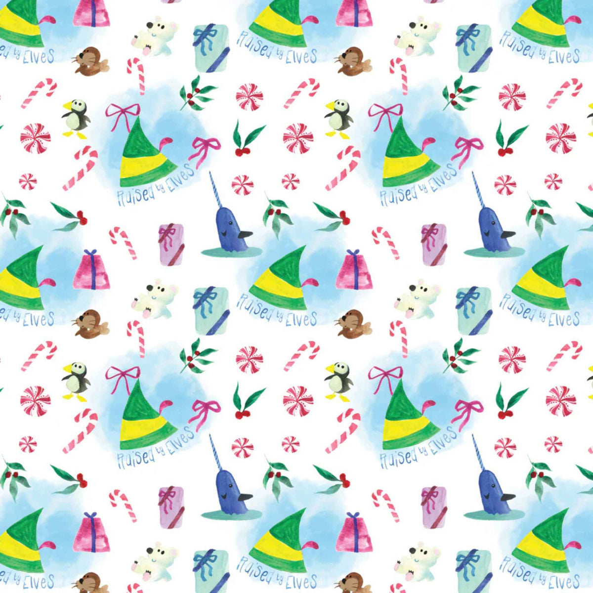 Elf the Movie Raised by Elves Fabric, Hats & Candy Canes – White | 100% Cotton