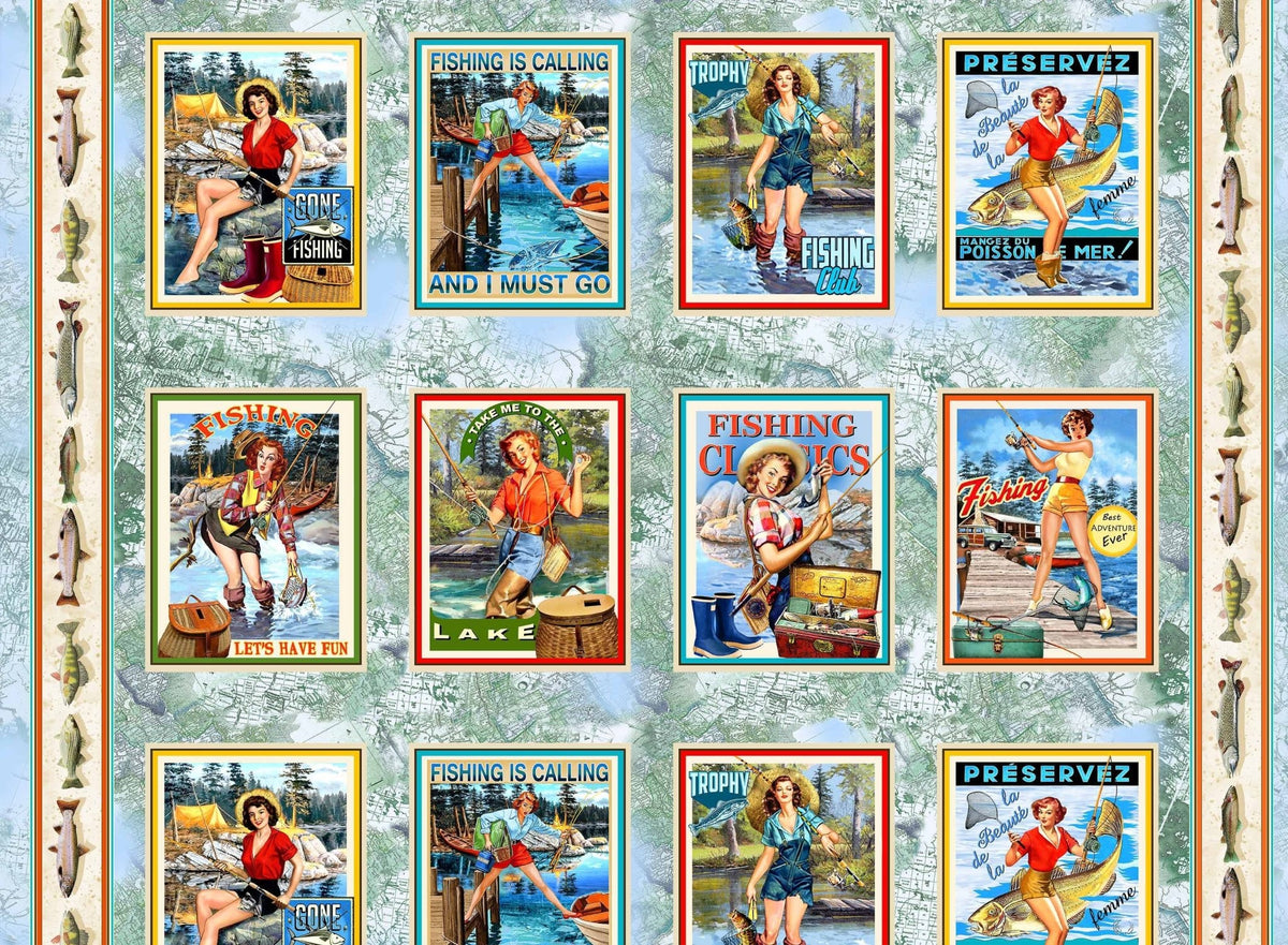 Fishing Lures fabric panel from the Girls Gone Fishing collection by Michael Miller, featuring 8 scenic panes on a map background, 100% cotton, 24x44".