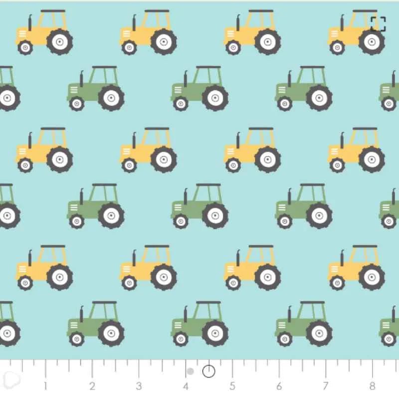 Green and Yellow Tractors on Aqua FLANNEL