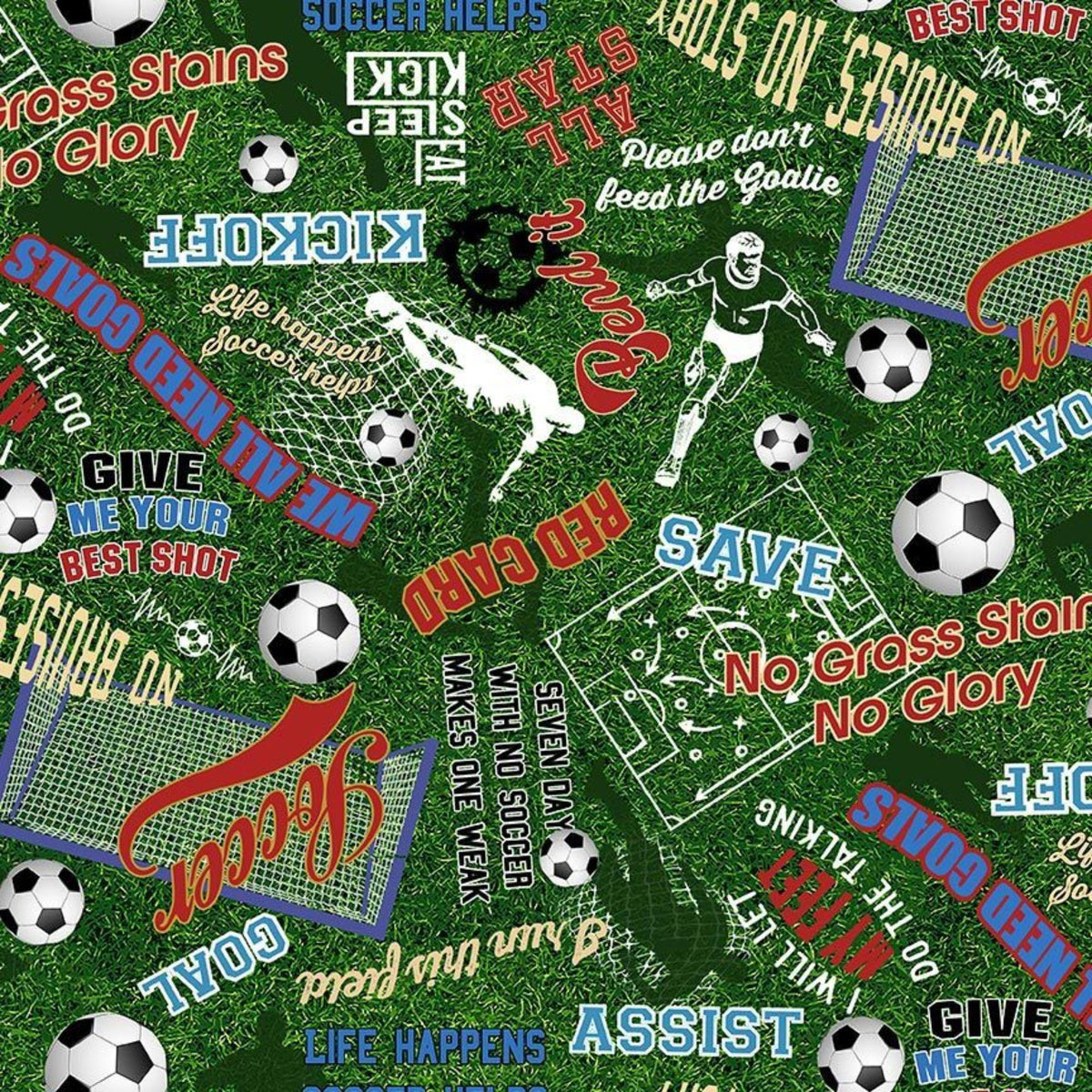Green soccer cotton fabric featuring soccer balls, goal nets, field diagrams and motivational sports phrases.