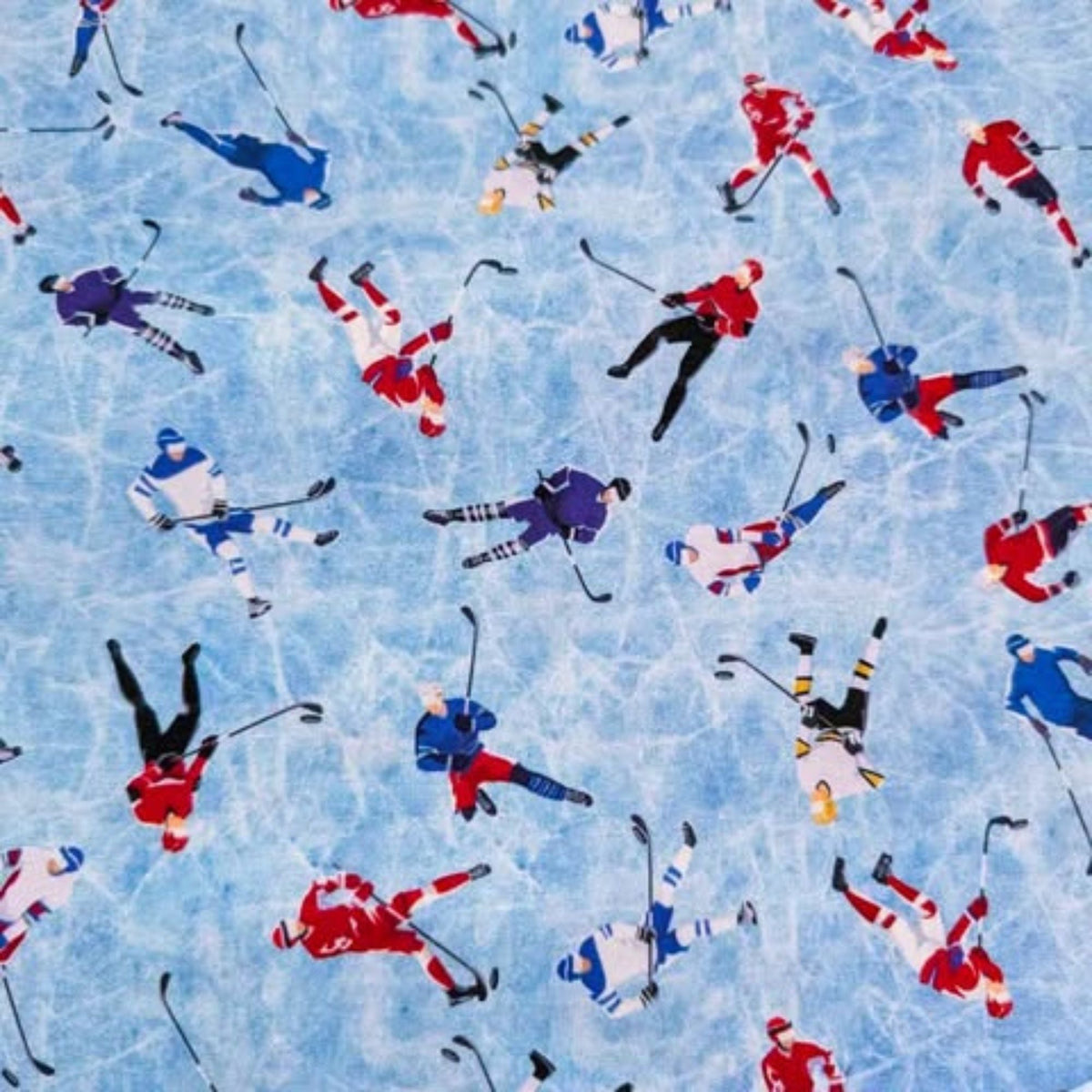 Hockey Players on Blue Cracked Ice, Quiltling Cotton