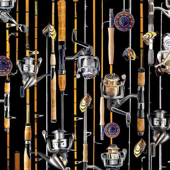 Keeping it Reel cotton fabric – fishing-themed design with rods, reels, and lures from the Girls Gone Fishing Collection.