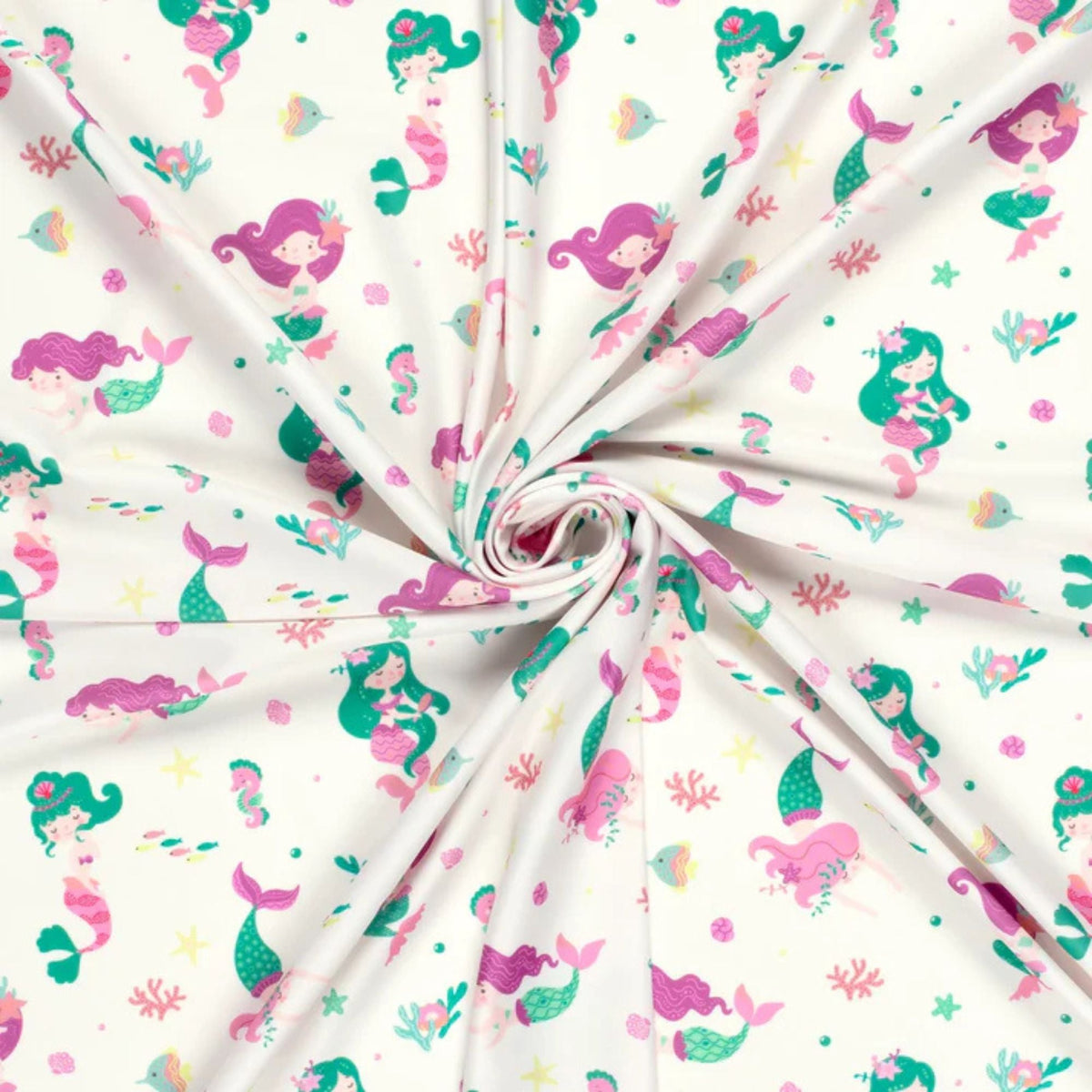 White swim fabric with playful pastel mermaid and ocean creature print – Oeko-Tex certified stretch knit for kids’ swimwear and beachwear projects