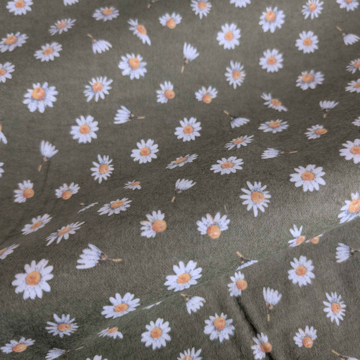 Olive Green Daisy FLANNEL– Soft Brushed 100% Cotton, OEKO - TEX Standard 100