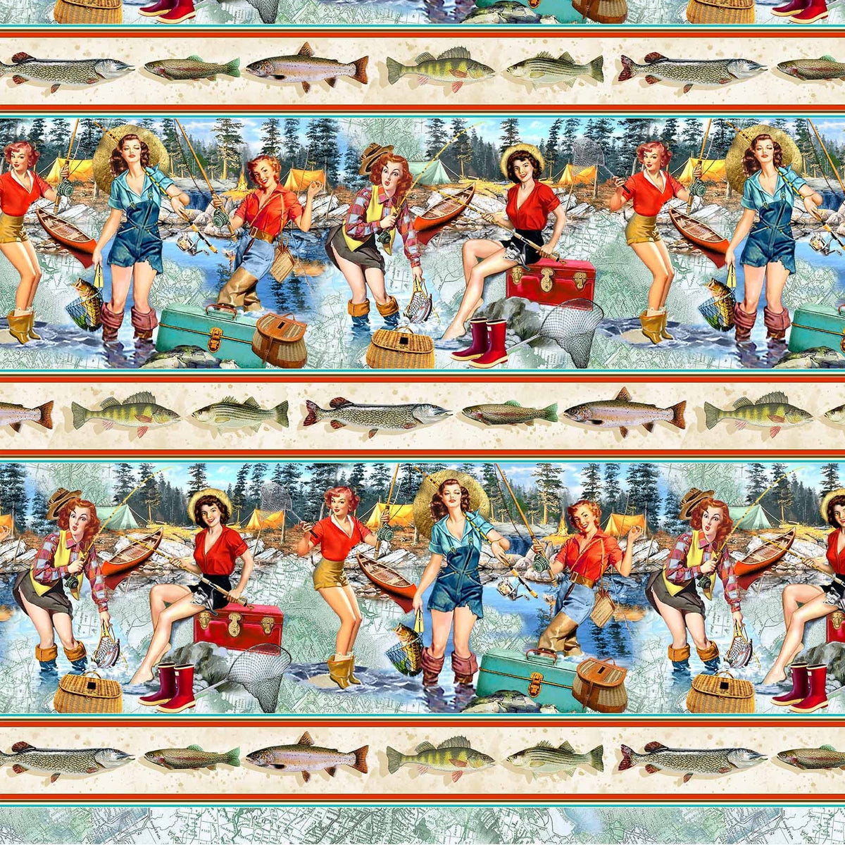 Perfect Spot Stripe cotton fabric – colorful fishing icons arranged in vertical stripes from the Girls Gone Fishing Collection.

