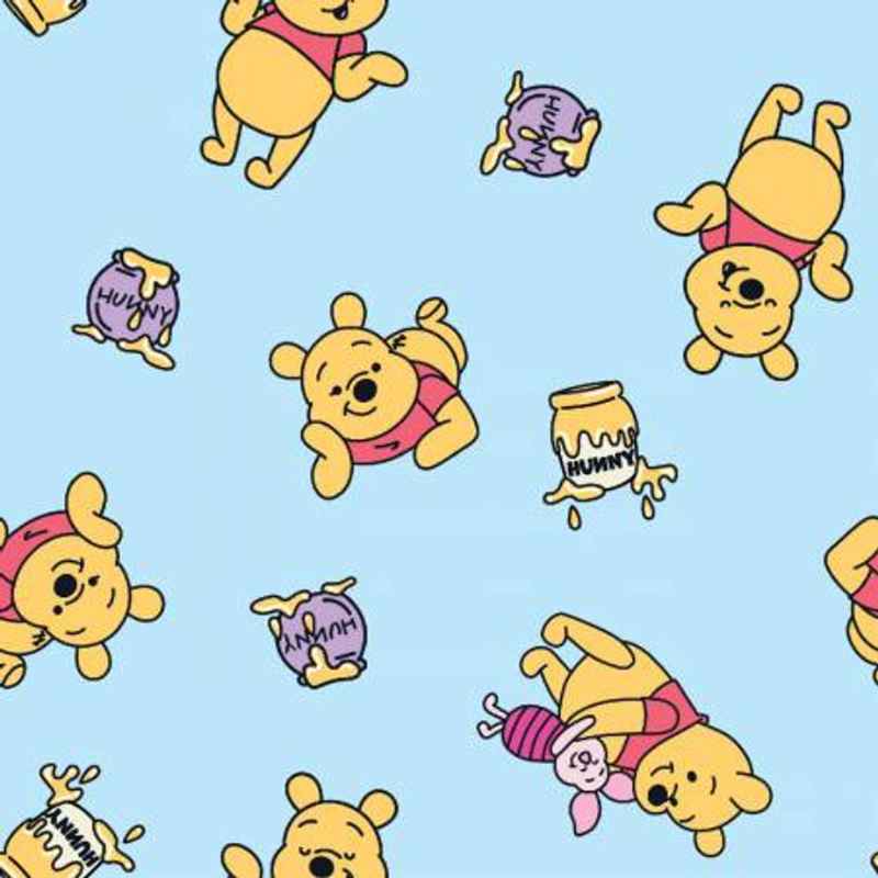 Winnie the Pooh anti-pill fleece on light blue with honey jars. Soft, cozy fabric for blankets, scarves, and crafts.