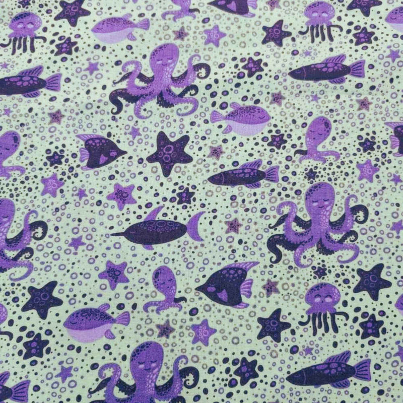 Purple Sea Creatures Cotton Fabric – Ocean Animals on Light Green, Quilting Cotton