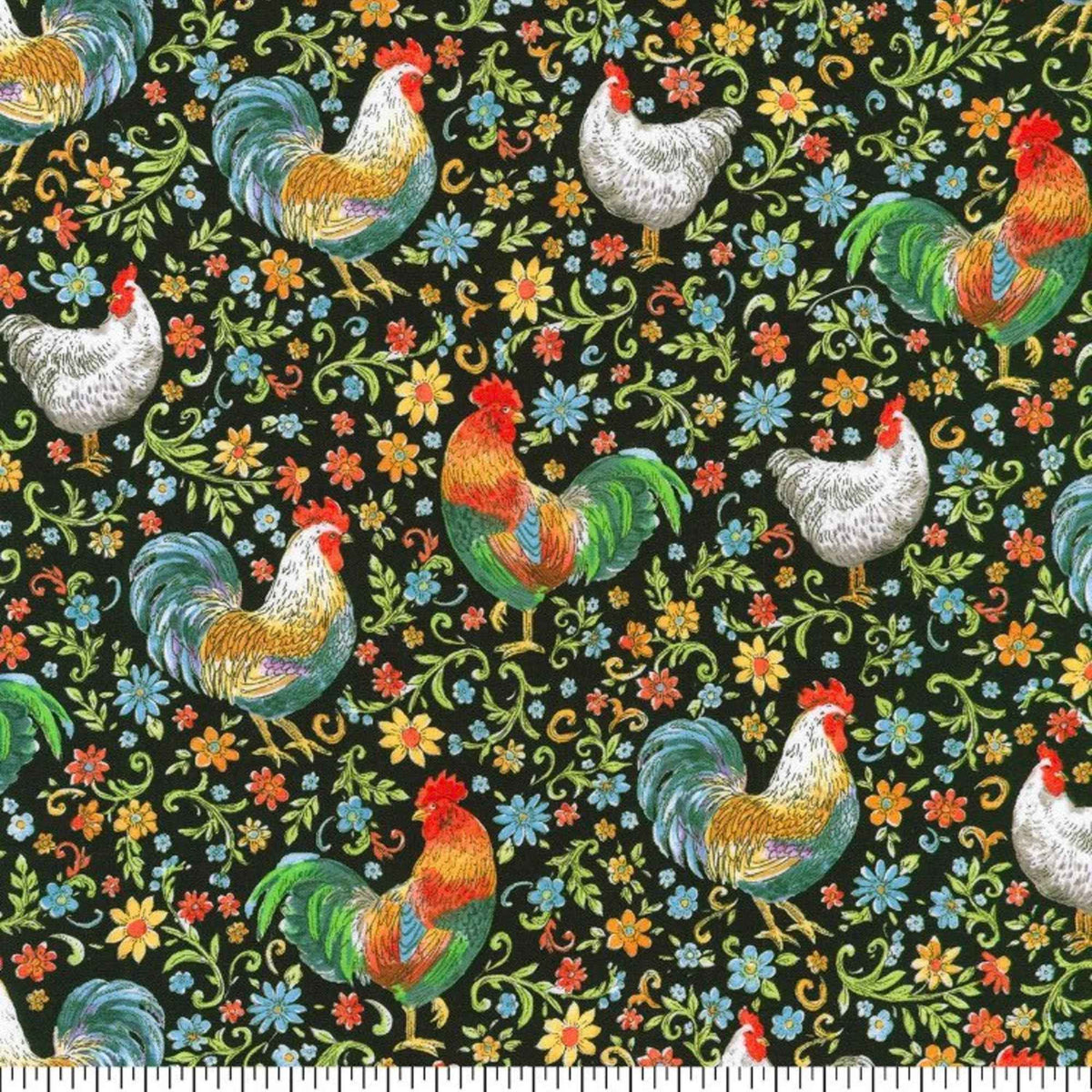 Roaming Floral Roosters Cotton Fabric – Helen Vladykina - 100% Cotton