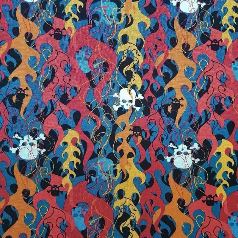 Skull and Flames in grey, black and red and orange