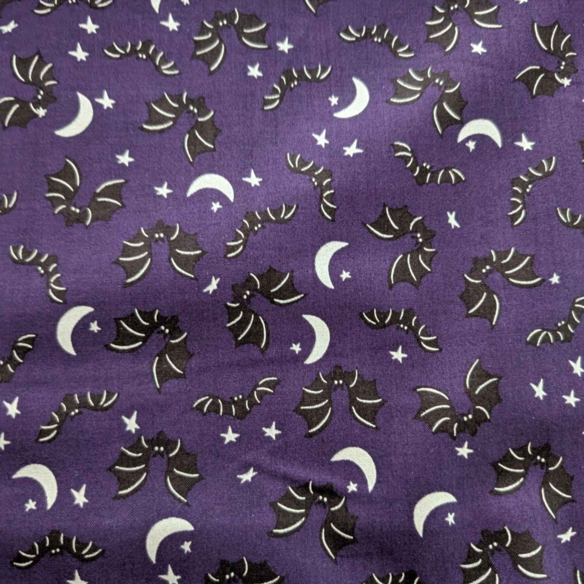 Spooky Hollow Purple Bat Cotton Fabric with Silver Shimmer Moon