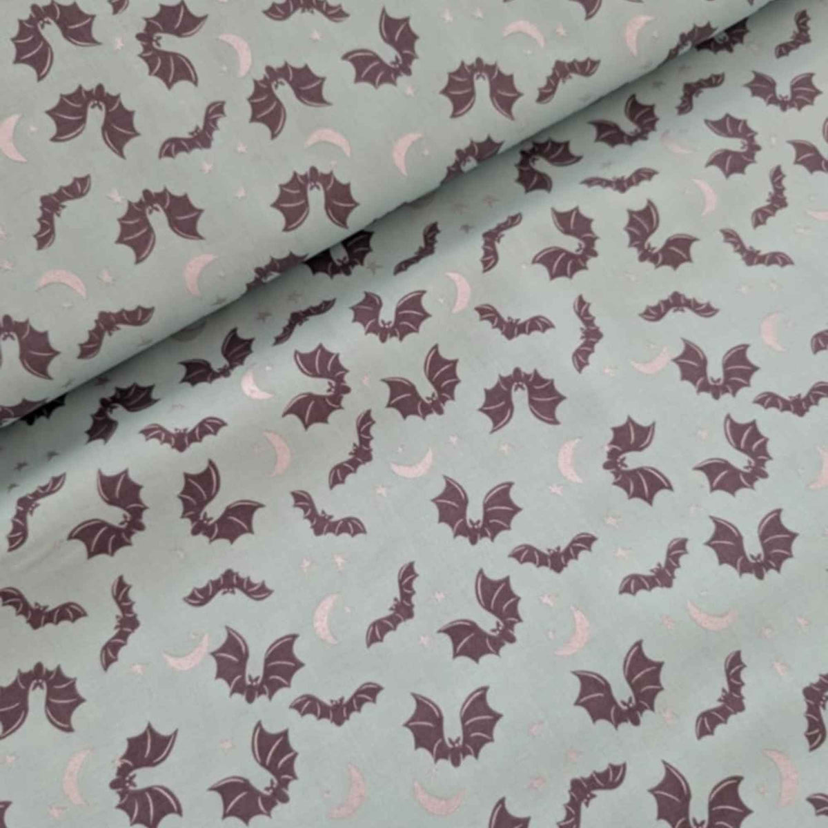 Spooky Hollow Teal Bat Cotton Fabric with Silver Shimmer – Halloween Print