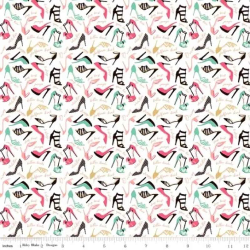 Riley Blake Glam Girl SC8633 by Dani Mogstad cotton fabric with colorful high heel shoes on white background.