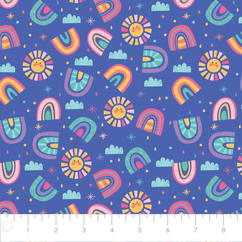 Sunshine and Rainbows Blue Cotton Flannel – Smiling Suns & Colorful Arches