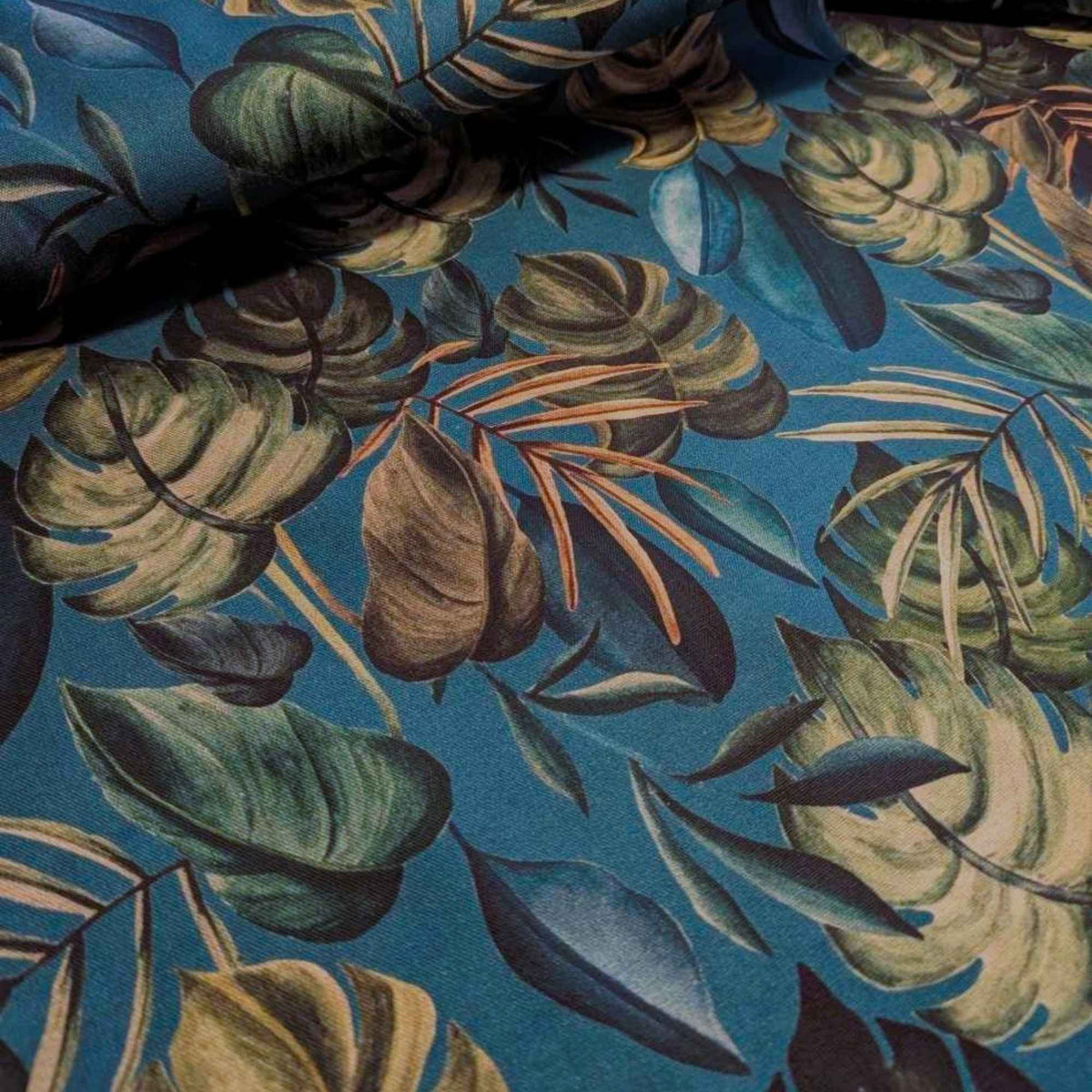 Teal Tropical Leaves Digital Cotton Canvas – Oeko - Tex Certified