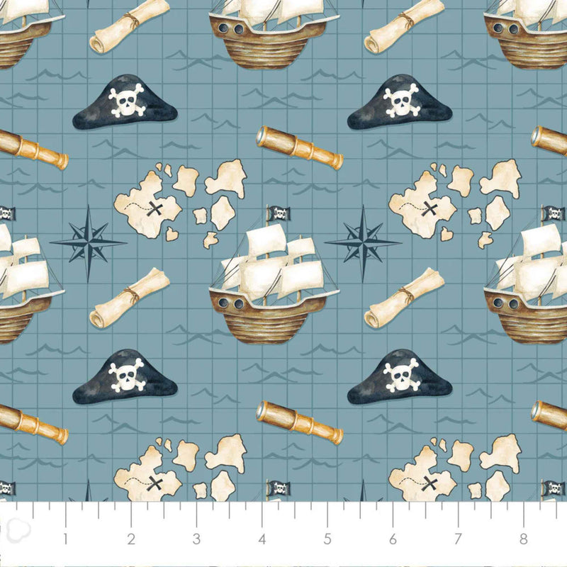 Treasure Map Blue Cotton Flannel – Pirate Ships & Maps