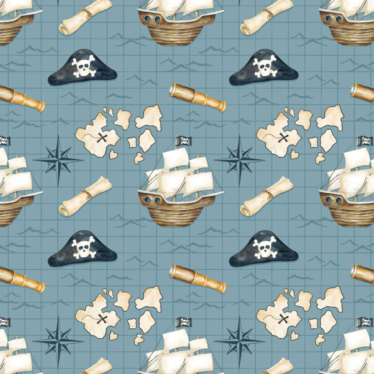 Treasure Map Blue Cotton Flannel – Pirate Ships & Maps