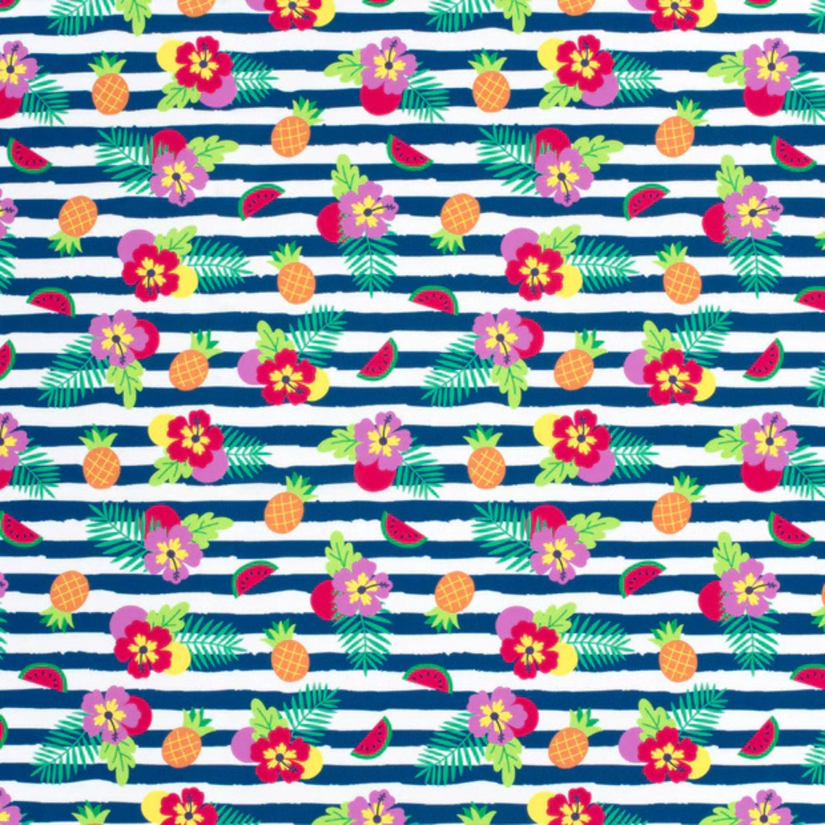 Bold tropical swim fabric with hibiscus flowers, pineapples, and fruit on navy and white stripes – Oeko-Tex certified stretch knit for swimwear and beachwear"