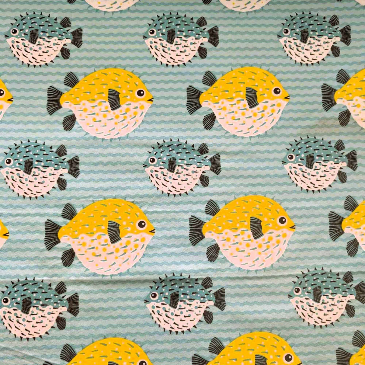 Tropical Pufferfish Cotton Flannel – Aqua, Yellow & Blue – Soft Brushed Fabric