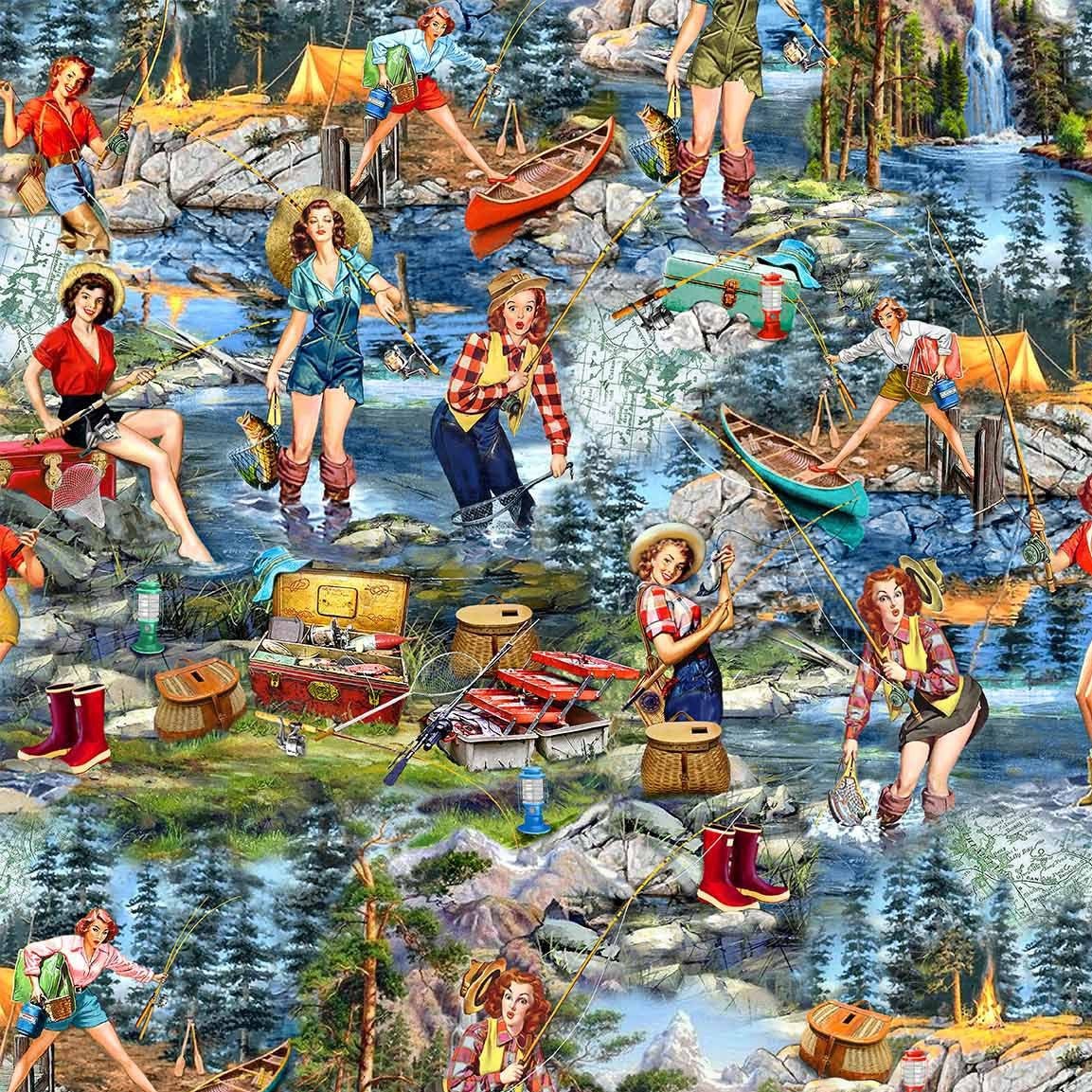 Girls Gone Fishing cotton fabric – What a Catch design with colorful fish and fishing gear on soft cotton.