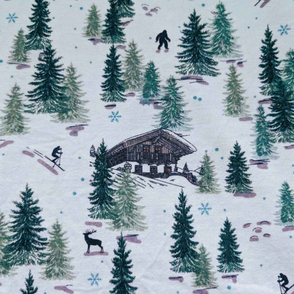 Winter Forest Lodge Flannel – Skiers, Cabin, Bigfoot & Deer – 100% Cotton