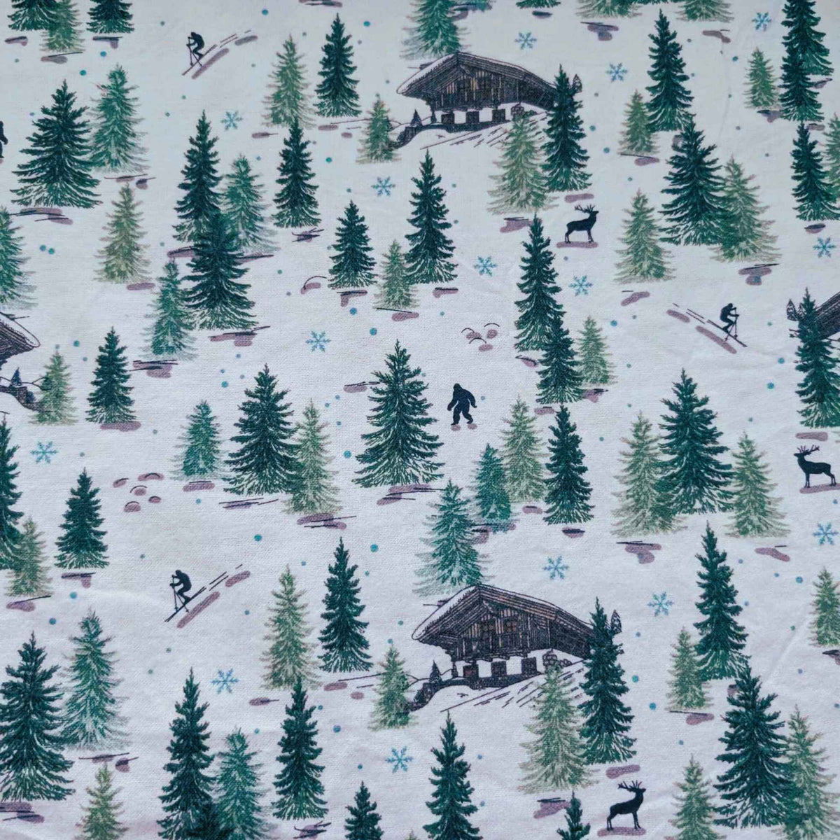 Winter Forest Lodge Flannel – Skiers, Cabin, Bigfoot & Deer – 100% Cotton