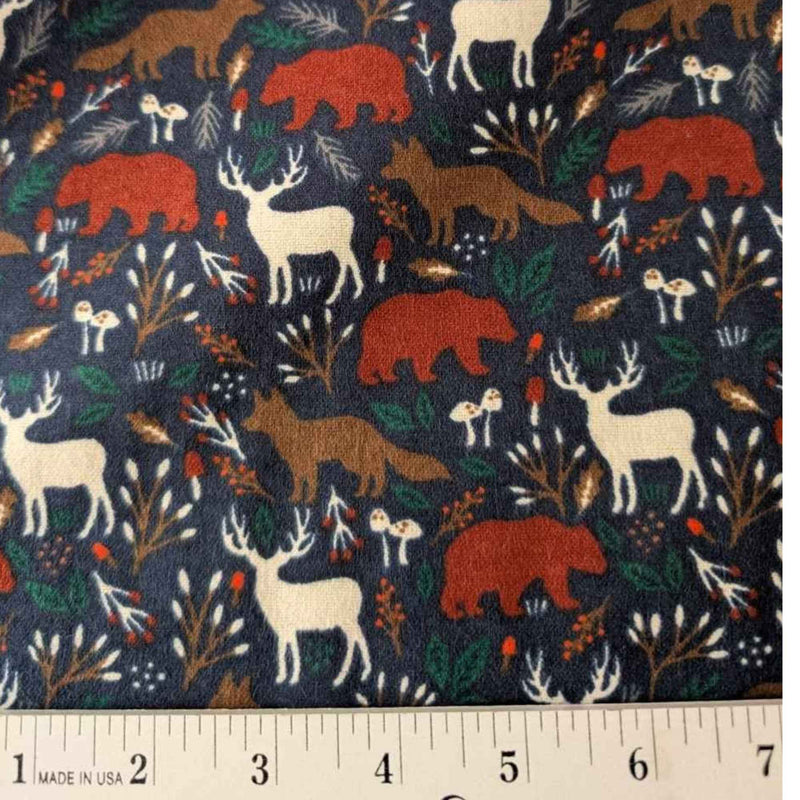 Woodland Animals Cotton Flannel Fabric – Bears, Deer, Foxes on Navy