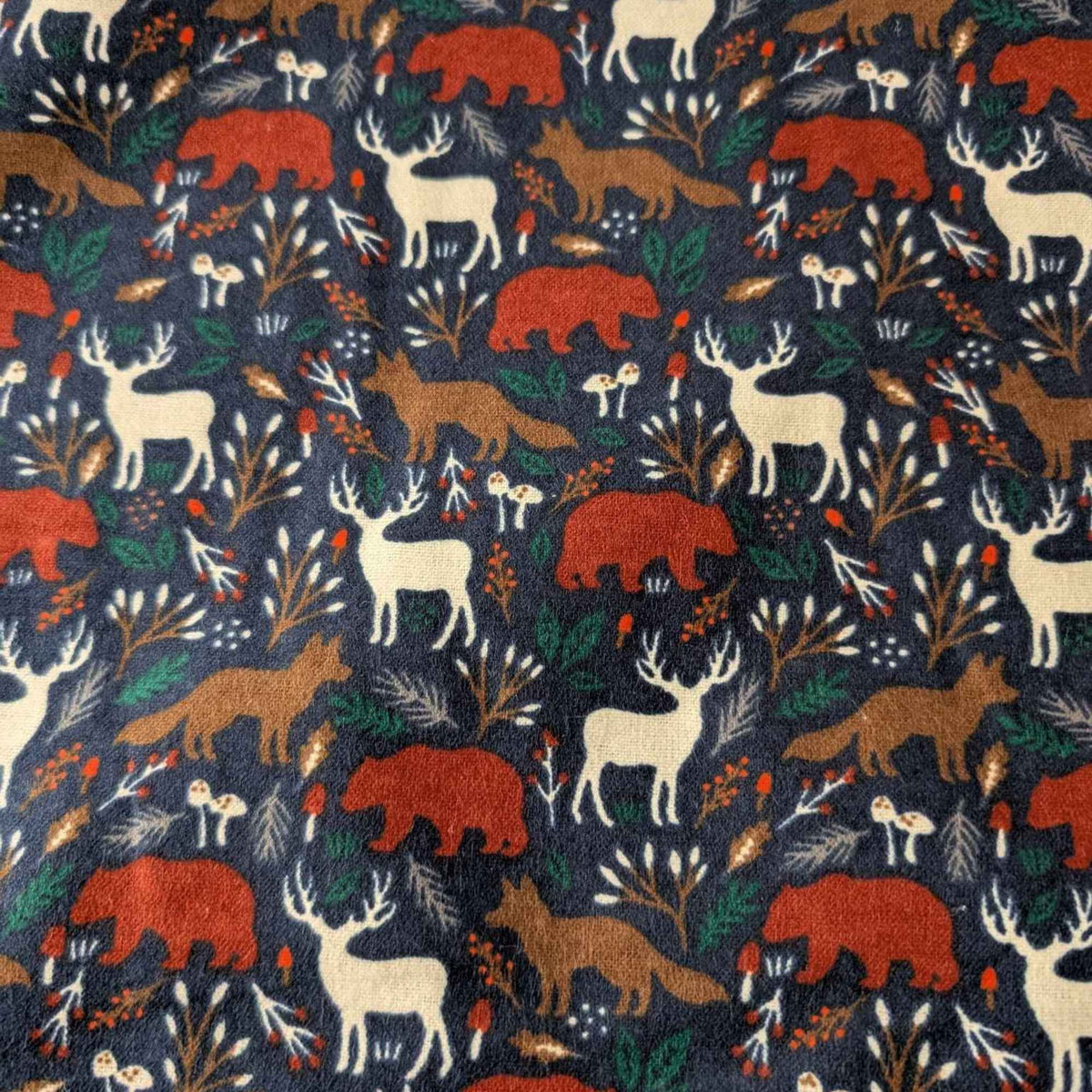 Woodland Animals Cotton Flannel Fabric – Bears, Deer, Foxes on Navy
