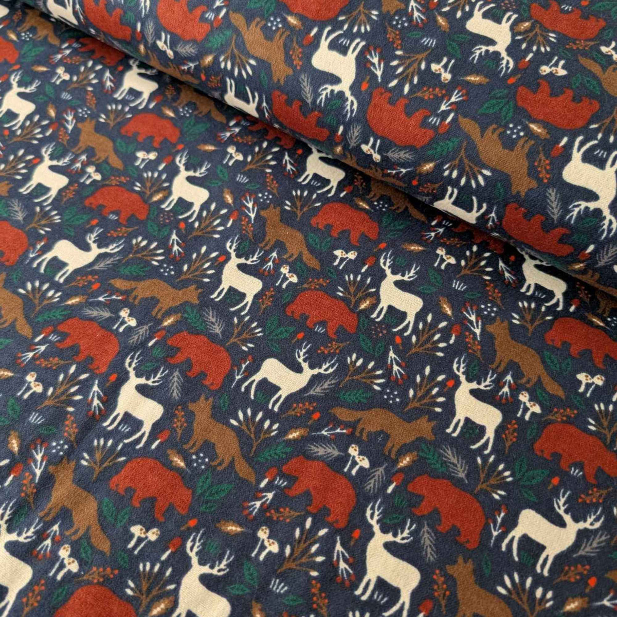 Woodland Animals Cotton Flannel Fabric – Bears, Deer, Foxes on Navy
