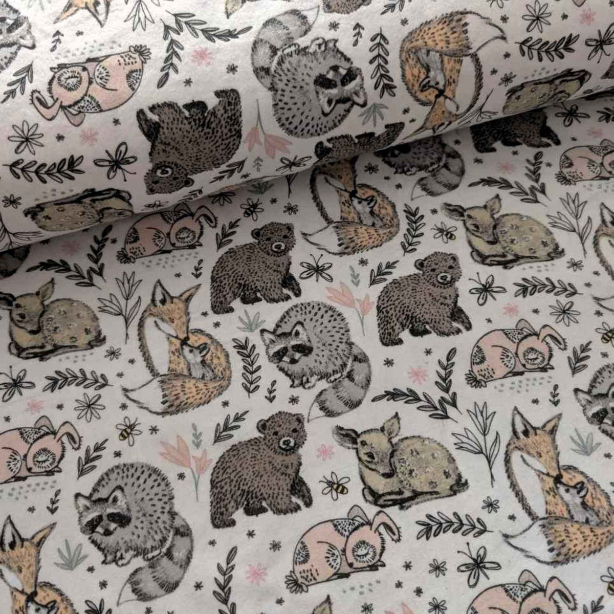 Woodland Hugs Cotton Flannel – Fox, Raccoon, Bear, Bunny, and Deer on Cream