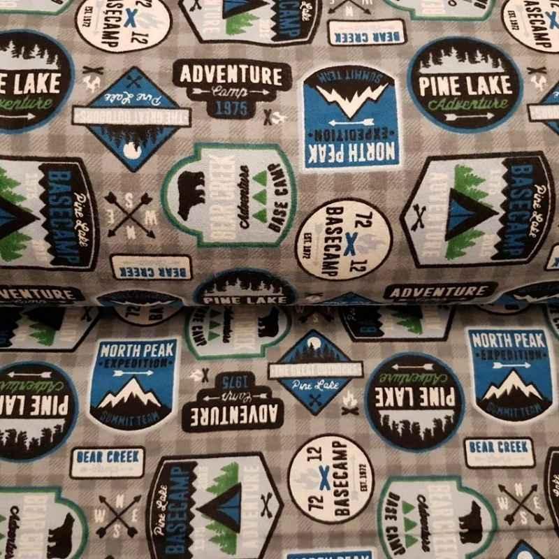 Badges Flannel, Bear Flannel Fabric, Patches Print Woodland Fabric