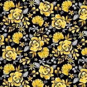 Black Yellow Floral quilting Cotton Fabric Misty Morning