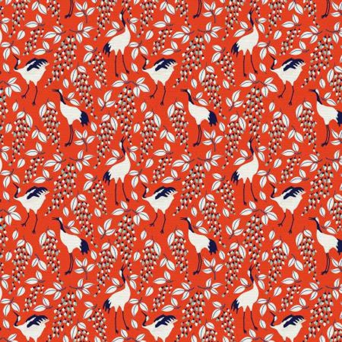 Dancing Cranes Fabric on Red Background Japanese Garden