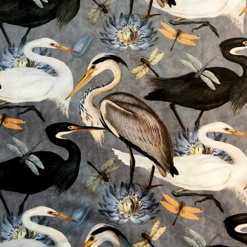 Heron, Dragonflies Italian Velvet Digitally Printed