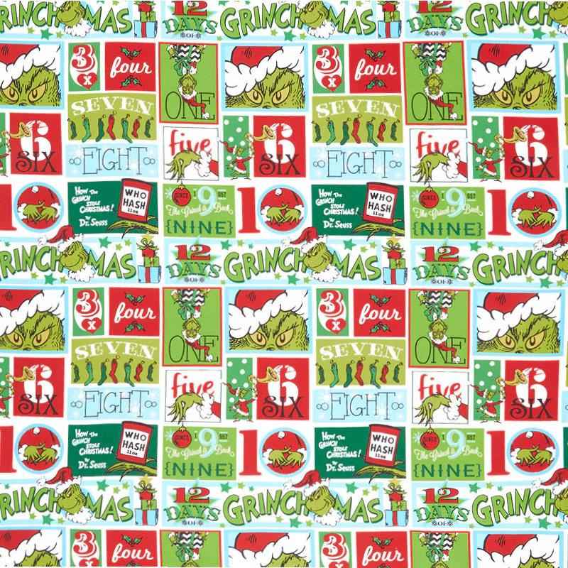 Patchwork-style fabric featuring Grinch characters, holiday numbers, and festive text from How the Grinch Stole Christmas by Robert Kaufman.