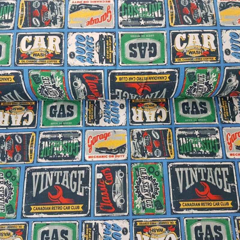 Multi-colored Retro Car Signs Quilting Cotton Fabric