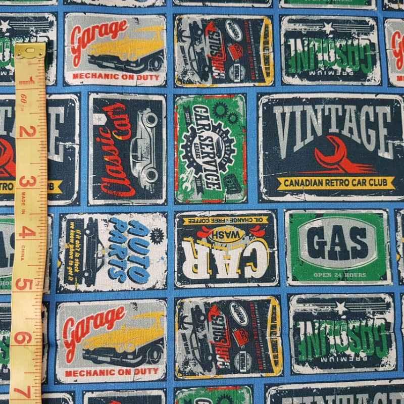 Multi-colored Retro Car Signs Quilting Cotton Fabric