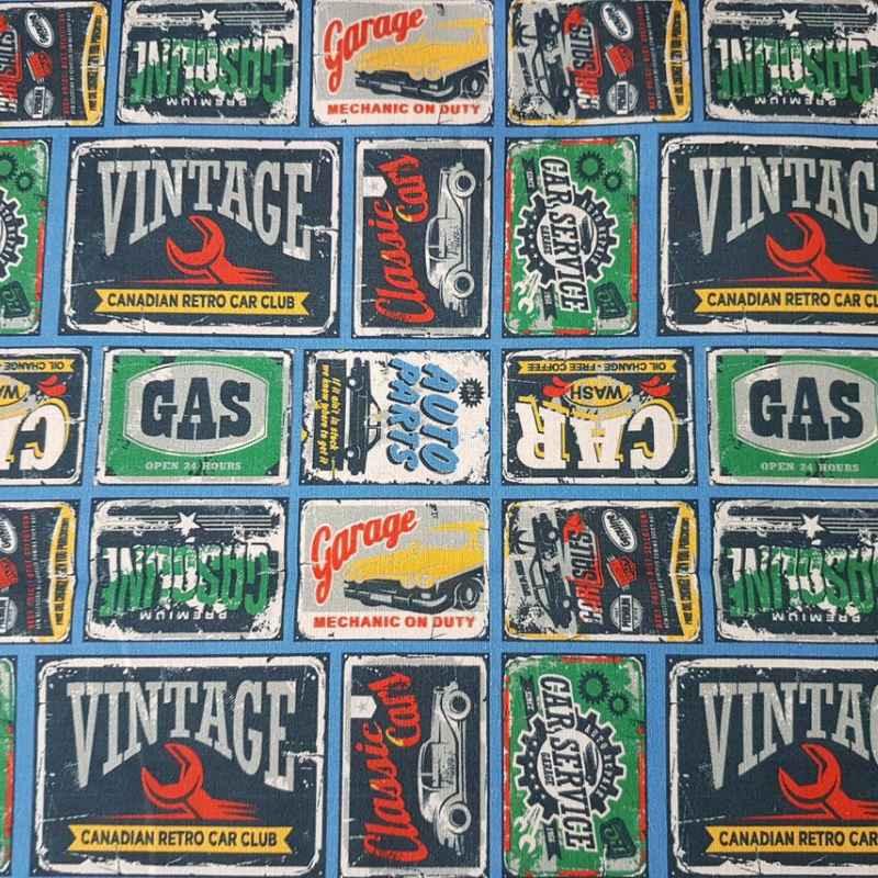 Multi-colored Retro Car Signs Quilting Cotton Fabric