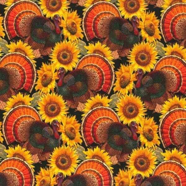 Thanksgiving Fabric Sunflowers and Turkeys, Autumn Print | Fabric Design Treasures