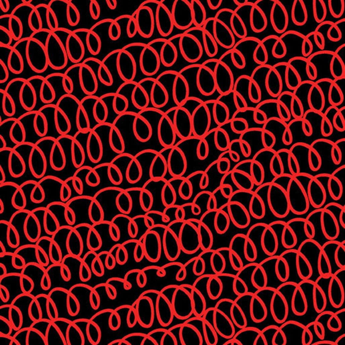 Wooly Bully C8709 fabric by Maria Kalinowski for Kanvas/Benartex featuring bold red swirls on black, 100% cotton for quilting and crafts.
